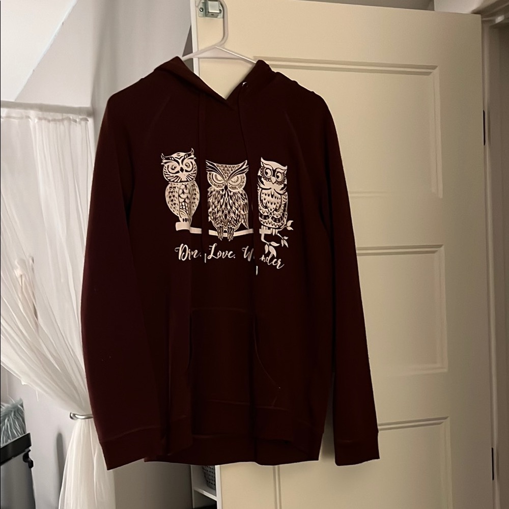Owl Print Maroon Hoodie Sweater